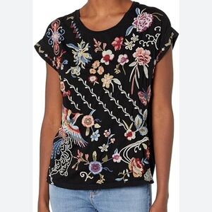 Johnny Was Ceretti Embroidered Floral Black Short Cap Sleeve Top Sz L Bird